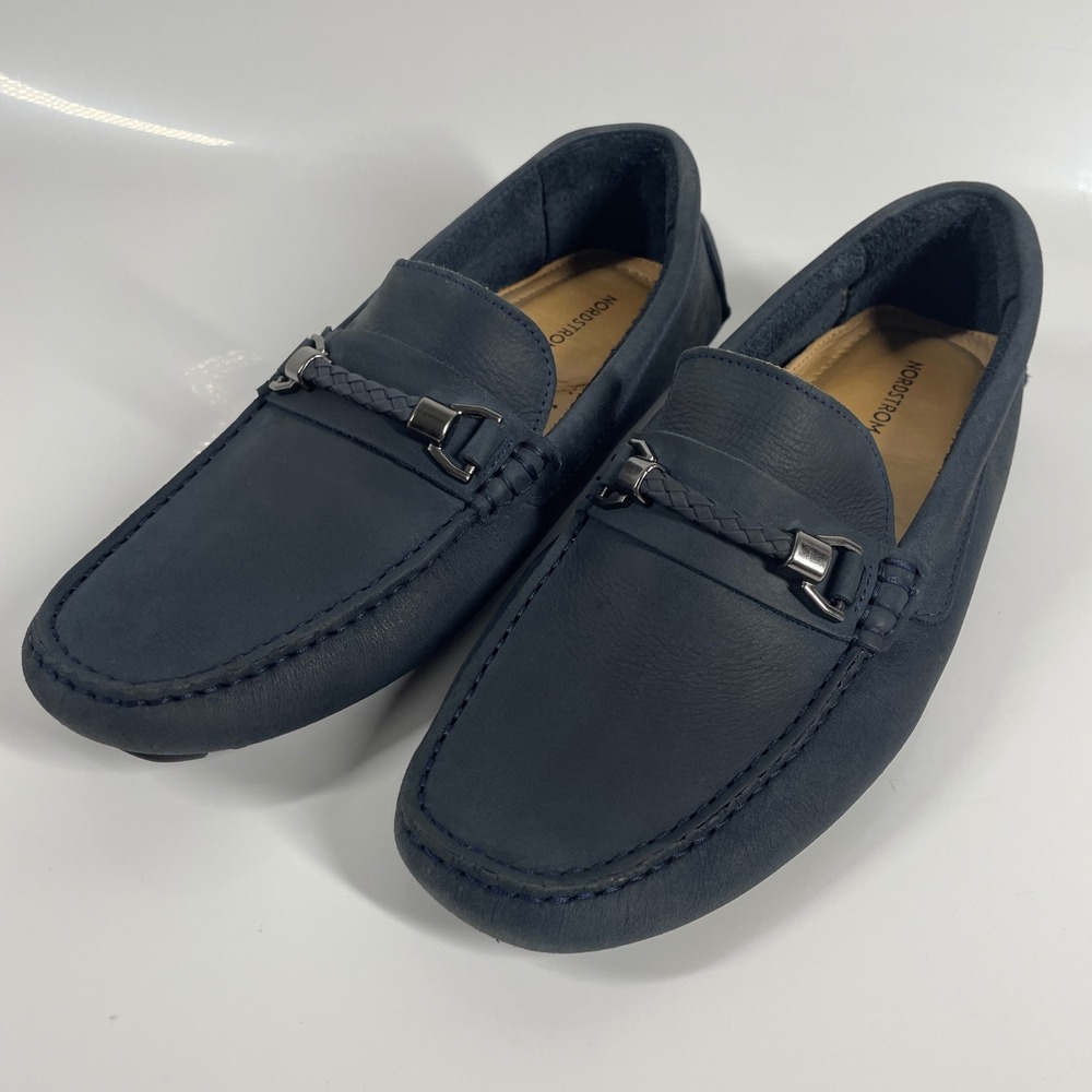 Nordstrom Mens Navy Leather Barrett Braided Bit Driving Loafers Size 7 M